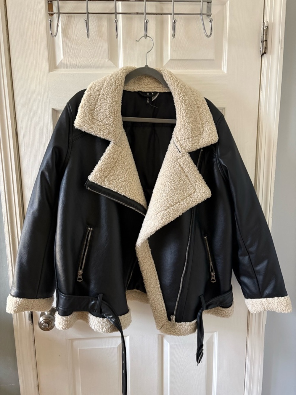 H&M Black Faux Leather Jacket with Cream Shearling Trim